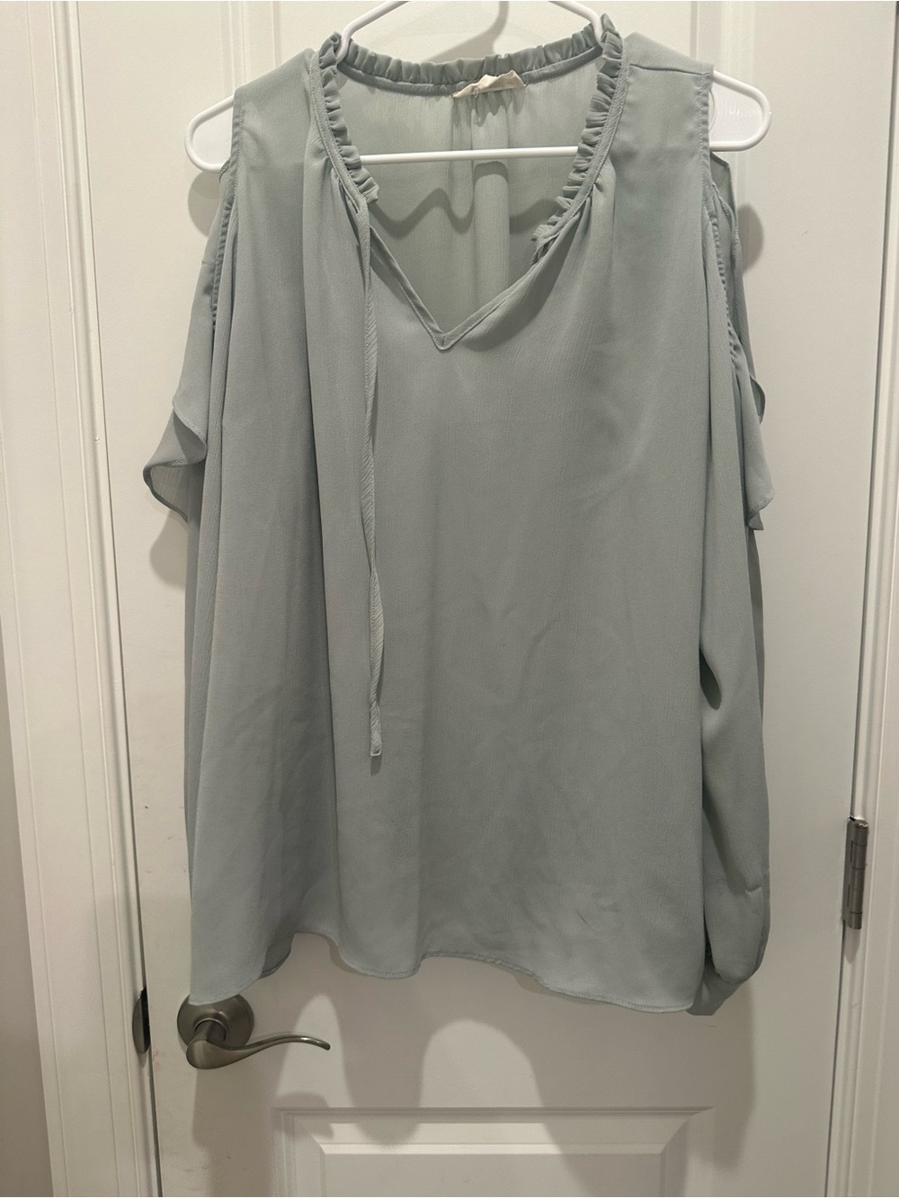 eesome Sage Green Cold-Shoulder Ruffle Tie-Neck Blouse